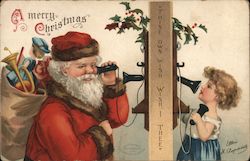 A Merry Christmas - Santa Talking to a Little Girl on the Phone Santa Claus Postcard Postcard Postcard