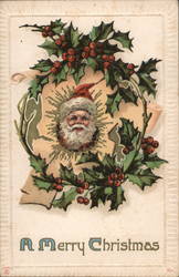 Santa's Face in a Holly Wreath Santa Claus Postcard Postcard Postcard