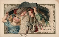 Christmas Greetings, Two Girls Under Umbrella with Santa Children Postcard Postcard Postcard