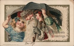 Christmas Greetings, Two Girls Under Umbrella with Santa Postcard