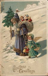 Christmas Greetings - Santa in Purple and a Child Postcard