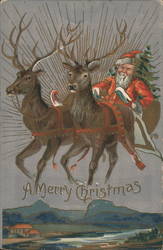 A Merry Christmas - Santa and Reindeers Postcard