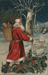 Merry Christmas, Santa Carrying Around Basket of Toys Postcard