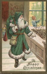 Santa Claus Looking at Child Decorating Tree Postcard