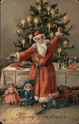 Merry Christmas, Santa Ringing Bells with Food on Table Postcard