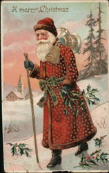 Santa Walking on Snowy Lane Carrying Bells Postcard