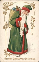 Santa in Green Robe Carrying his Bag Postcard