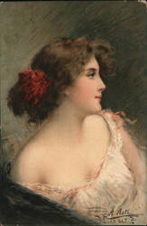 Painting of Young Woman in Dress with red Flower in Hair Postcard