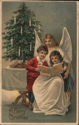 A Merry Christmas, Angel Reading to Children Postcard