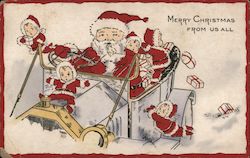 Santa and Elves in Automobile Delivering Gifts Postcard