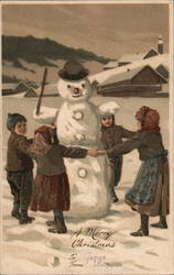 A Merry Christmas - Children and Snowman Snowmen Postcard Postcard Postcard