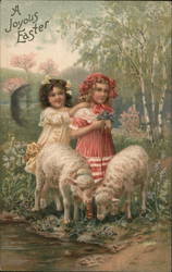 Two Girls Standing with Lambs A Joyous Easter Postcard