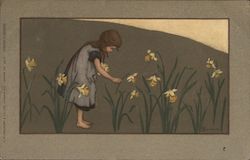 Young Girl Picking Flowers Postcard