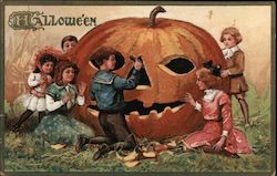 Hallowe'en - Kids and a Big Pumpkin Postcard