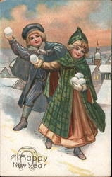 A Happy New Year - Kids and Snowballs Postcard