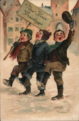 Three Boys Walking in Street Shouting New Year Greetings Postcard