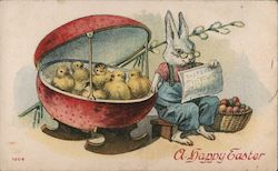 Rabbit Rocking Chicks in an Egg Shaped Cradle Postcard