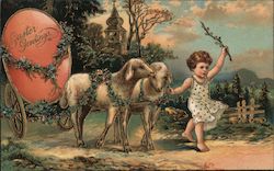 A Joyful Easter - Child with Lambs and Egg Postcard