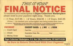Paper Collectors Marketplace Subscription Notice Postcard