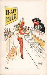 Cartoon female bartender pours a beer from a tap as her dress flies up exposing her. A man leer on. Cartoons Postcard Postcard Postcard