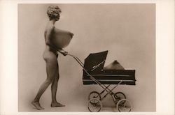 Woman with giant breasts, one of which is detached in baby stroller. Surreal art photography. Postcard