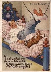 German Oktoberfest - Sick Man Recovering in Bed with Dog Postcard