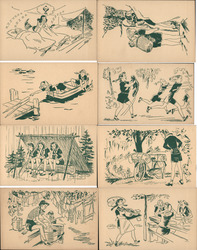 Complete Set of 8 1945 Girl Scout Camp Scenes Postcard