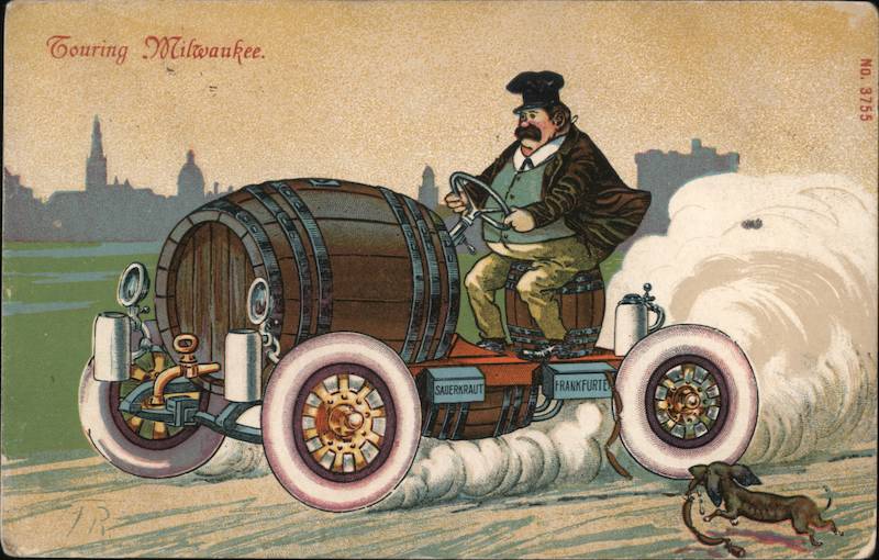 Touring Milwaukee Beer Keg Car, Wiener Dog Wisconsin Postcard