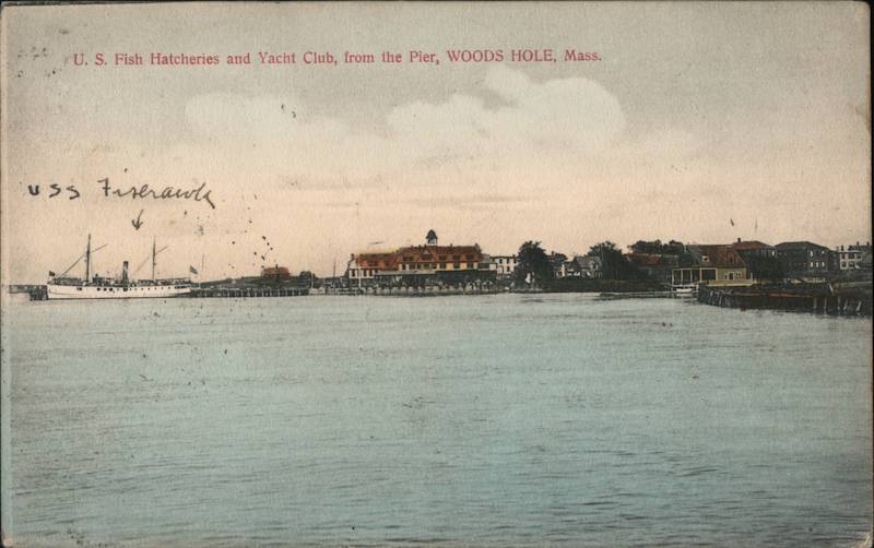 U.S. fish Hatcheries and Yacht Club, from the Pier Woods Hole Massachusetts