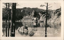 View of Sylvan Lake with Rocks, Trees and Building Custer, SD Postcard Postcard Postcard