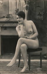 Woman Sitting on Chair Wearing Only Pearls French Nudes Postcard Postcard Postcard