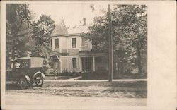 Helen in front of Family Home with New Car Postcard