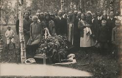 Funeral Guests with Casket and Priest in the Woods Postcard