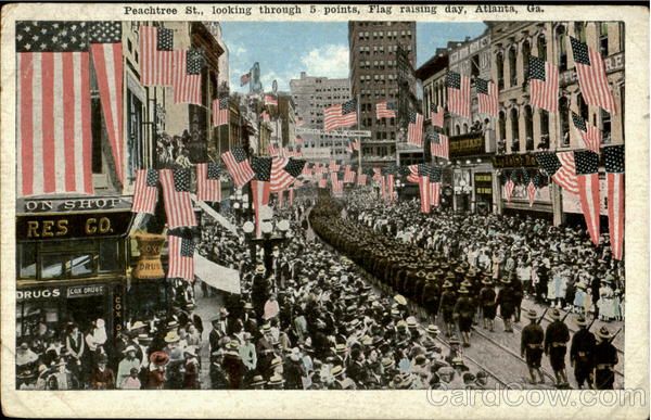Peachtree St., looking through 5 points, Flag raising day Atlanta Georgia
