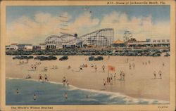 Beach Scene with Boardwalk and Rollercoaster in Background Postcard