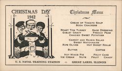 Illustrated Santa Presenting Turkey Roast with Sailors Great Lakes, IL Postcard Postcard Postcard