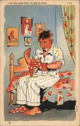 I Am Too Darn Busy to Write Much. Comic of Man Sitting on Bed in Pajamas Darning a Sock and Smoking Postcard