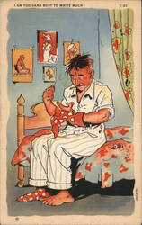 I Am Too Darn Busy to Write Much. Comic of Man Sitting on Bed in Pajamas Darning a Sock and Smoking Ray Walters Postcard Postcar Postcard