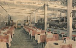 Interior Wood's Steak House. We Never Close Postcard