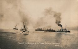 Howard and Fomance, with Troops, Astoria Cretano Ships on With Smoke Stacks on the Water Postcard