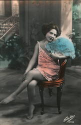 Italian Woman in Short Lacy Negligee Holding Fan, Tinted Postcard