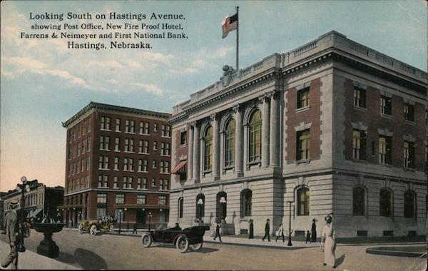 Hastings Avenue Showing Post Office, Hotel, Farrens & Neimeyer and First National Bank Nebraska