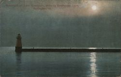 Moonlight on Lake Champlain, showing Breakwater Light Postcard