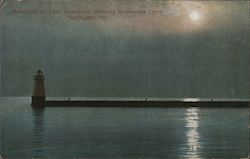 Moonlight on Lake Champlain, showing Breakwater Light Burlington, VT Postcard Postcard Postcard