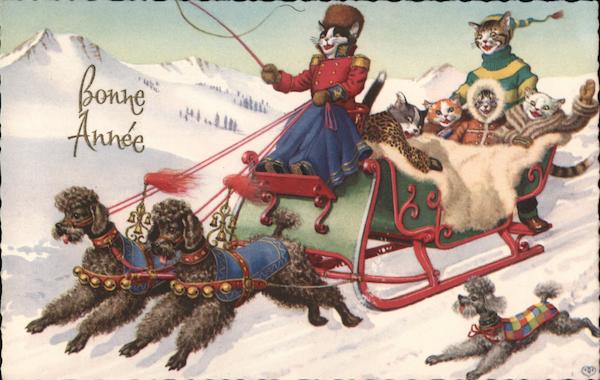 Bonne Annee Cats Riding Sled Pulled By Poodles