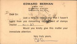 Edward Berman - Reminder for Correspondence For Consignment of Stamps Postcard