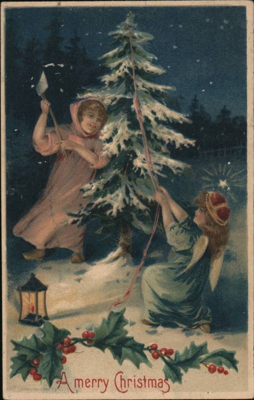 Children chopping down a Christmas tree.