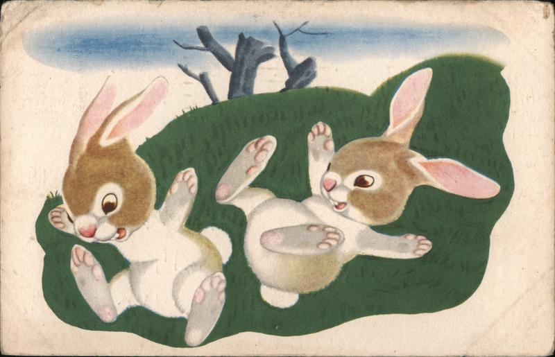 Painting of Bunnies Jumping Down a Hill With Bunnies