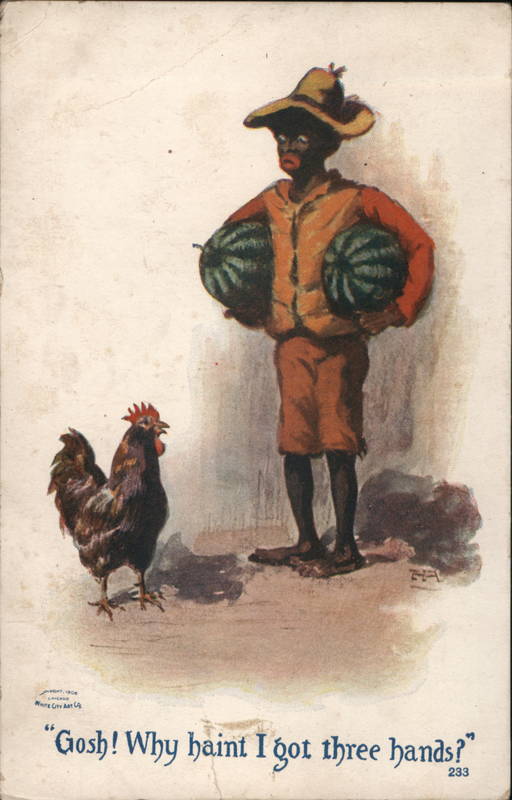boy holding two watermelons, with a chicken Black Americana