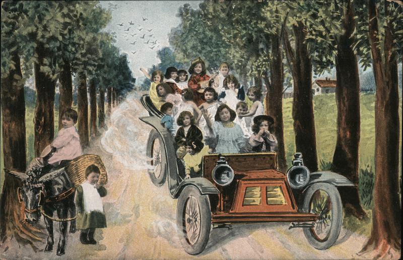 Children Traveling Down Tree Lined Dirt Road by Motorcar & Donkey.